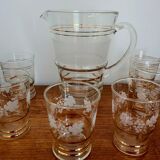 Glass carafe set with gilding and marbling, with 6 associated glasses