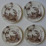 4 assiettes creil & montereau modèle chardonnerets décor oiseaux sépia