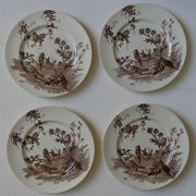 4 plates creil & montereau chardonnerets model with sepia birds decor