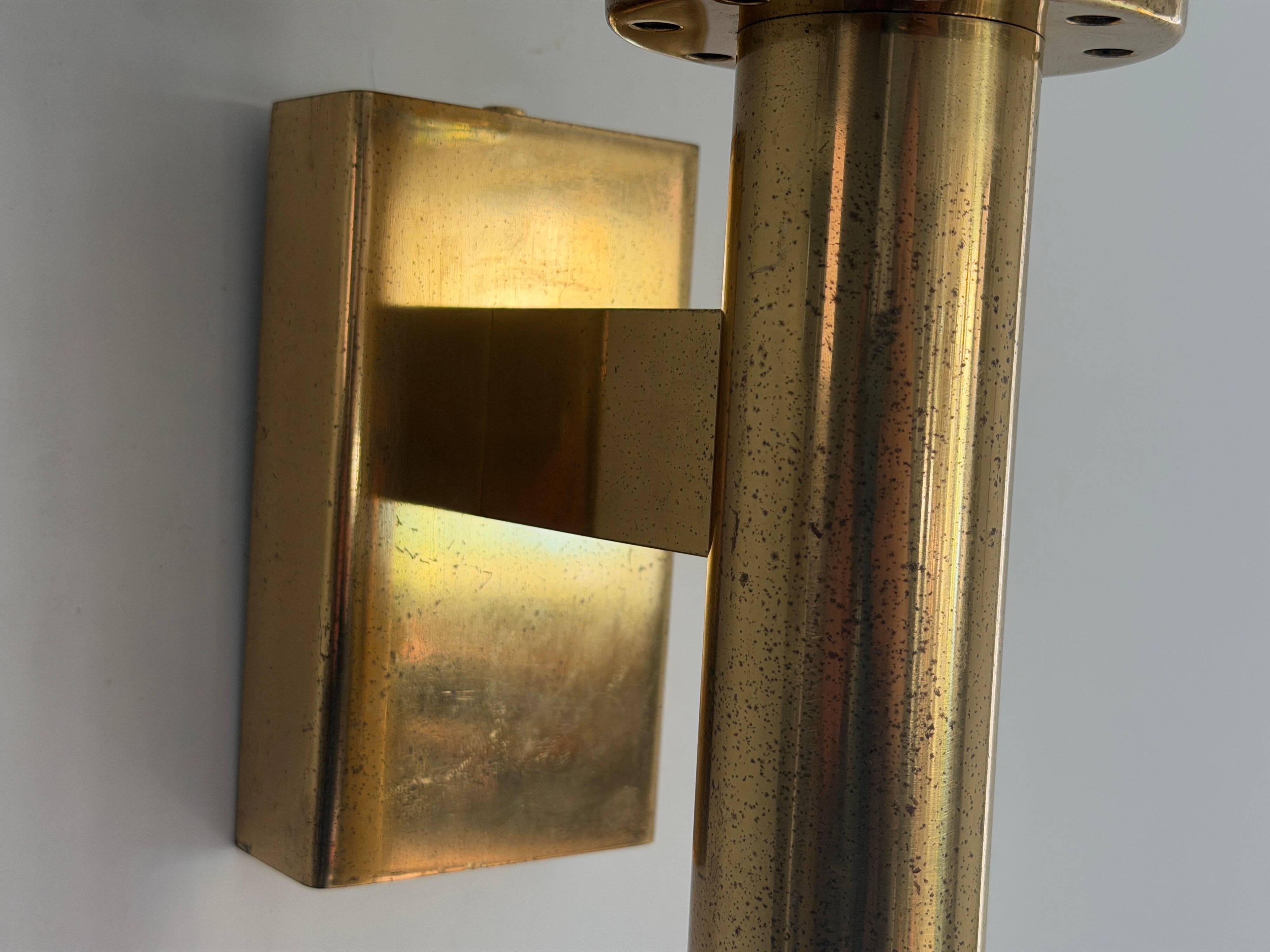 Large minimalist cinema wall light in opal glass and heavy brass, 1960s, Germany