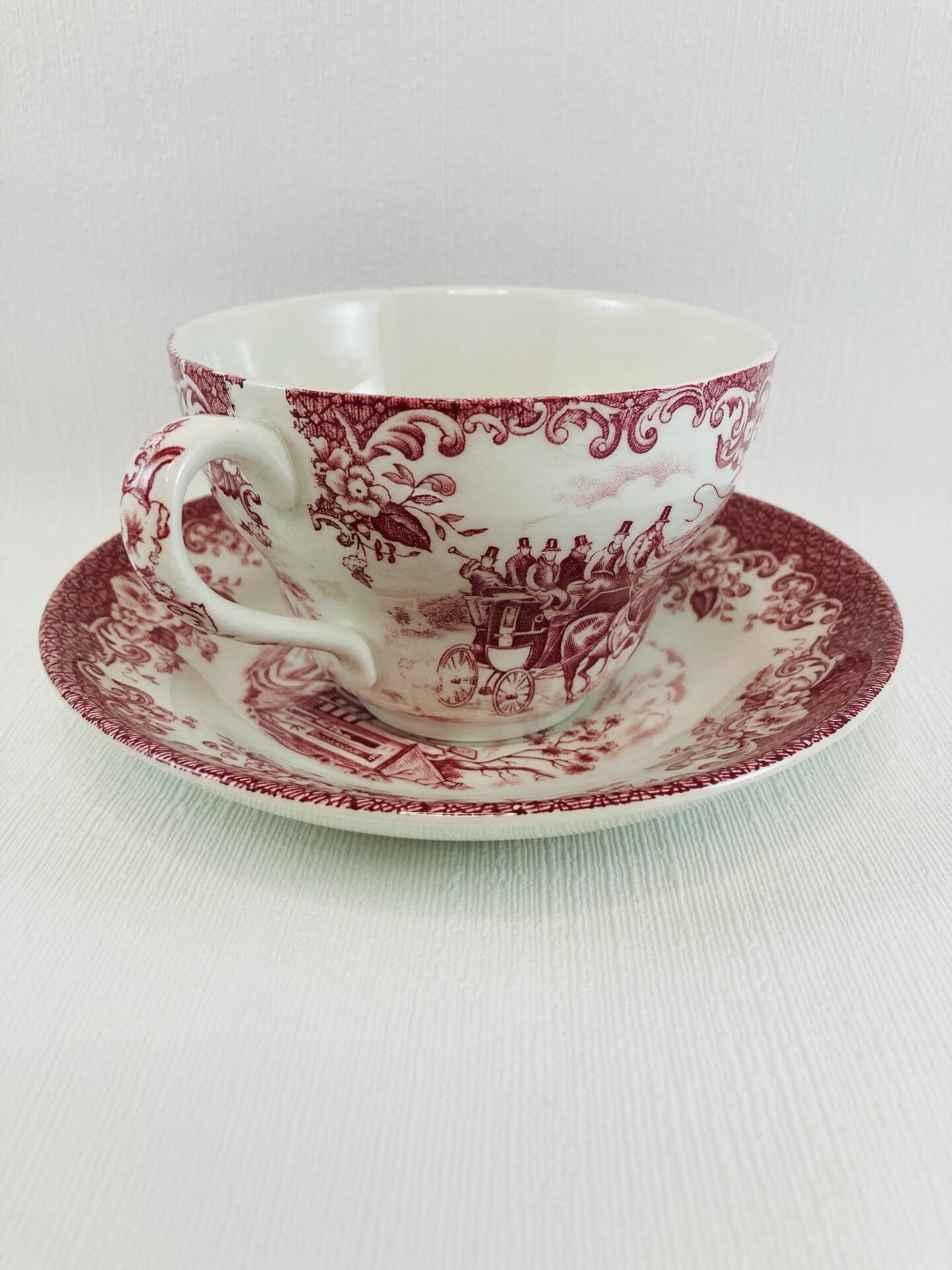 Breakfast Cup and Saucer Coaching Scenes Red by Johnson Bros