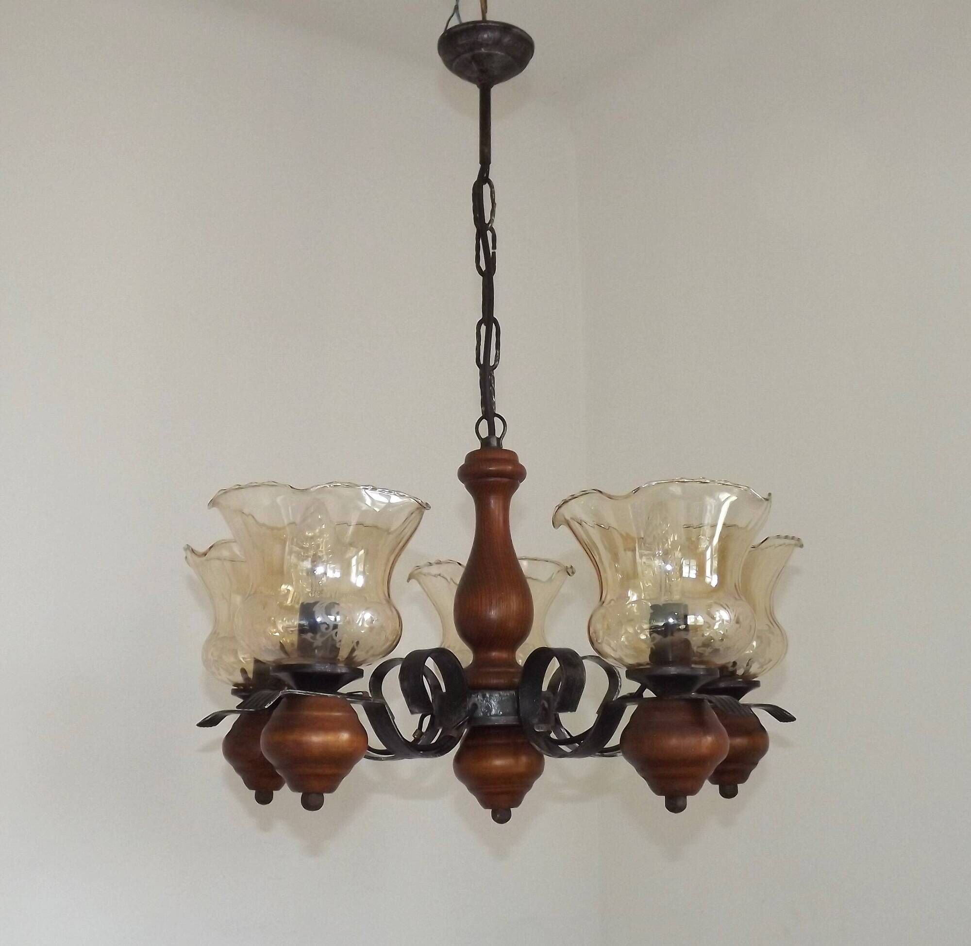 French 5 Light Mid Century Chandelier Wood Metal & Patterned Glass Shades