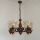 French 5 Light Mid Century Chandelier Wood Metal & Patterned Glass Shades
