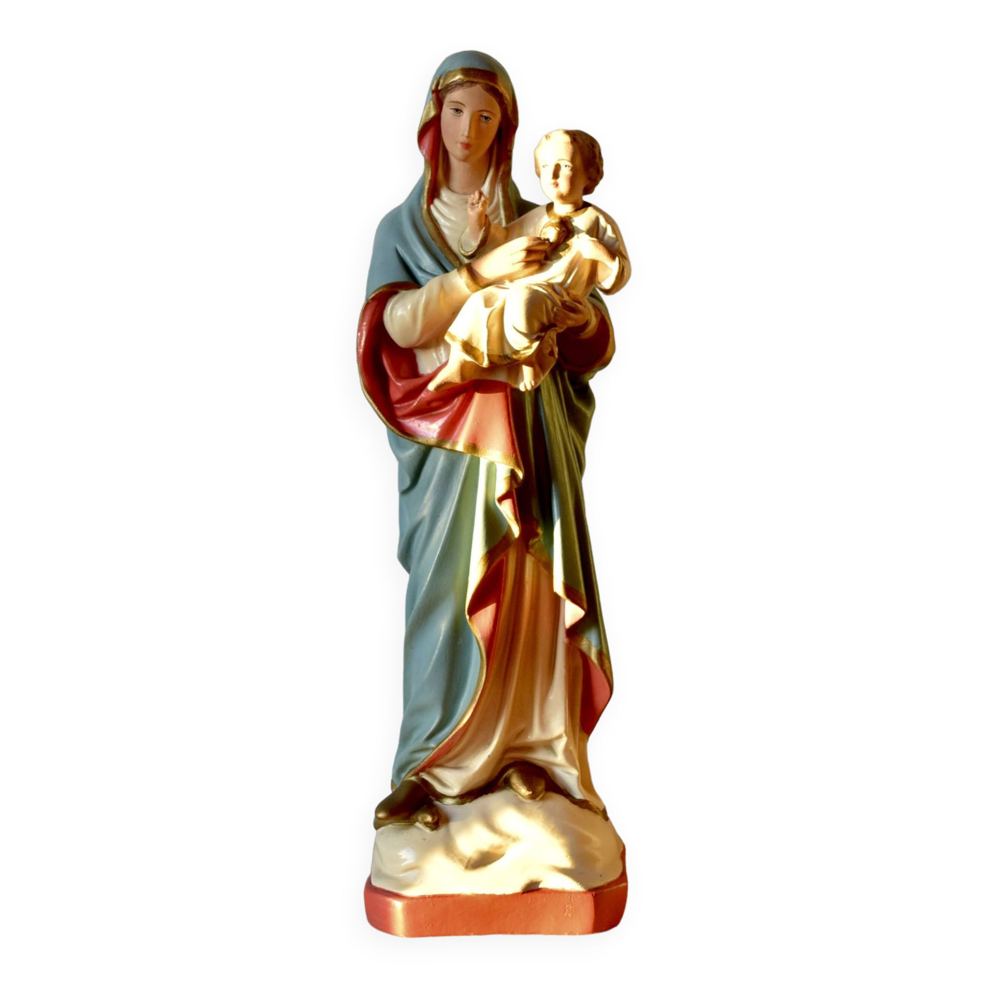 Ancient plaster statue of the Virgin and Child Jesus - hand painted - 54 cm - 1936