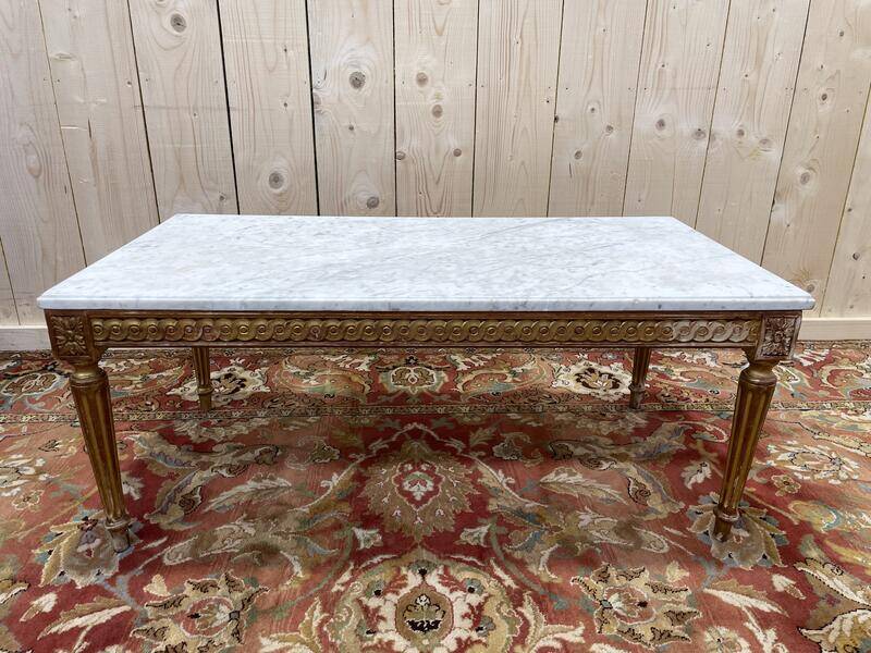 Louis XVI style coffee table in gilded wood and Carrara marble