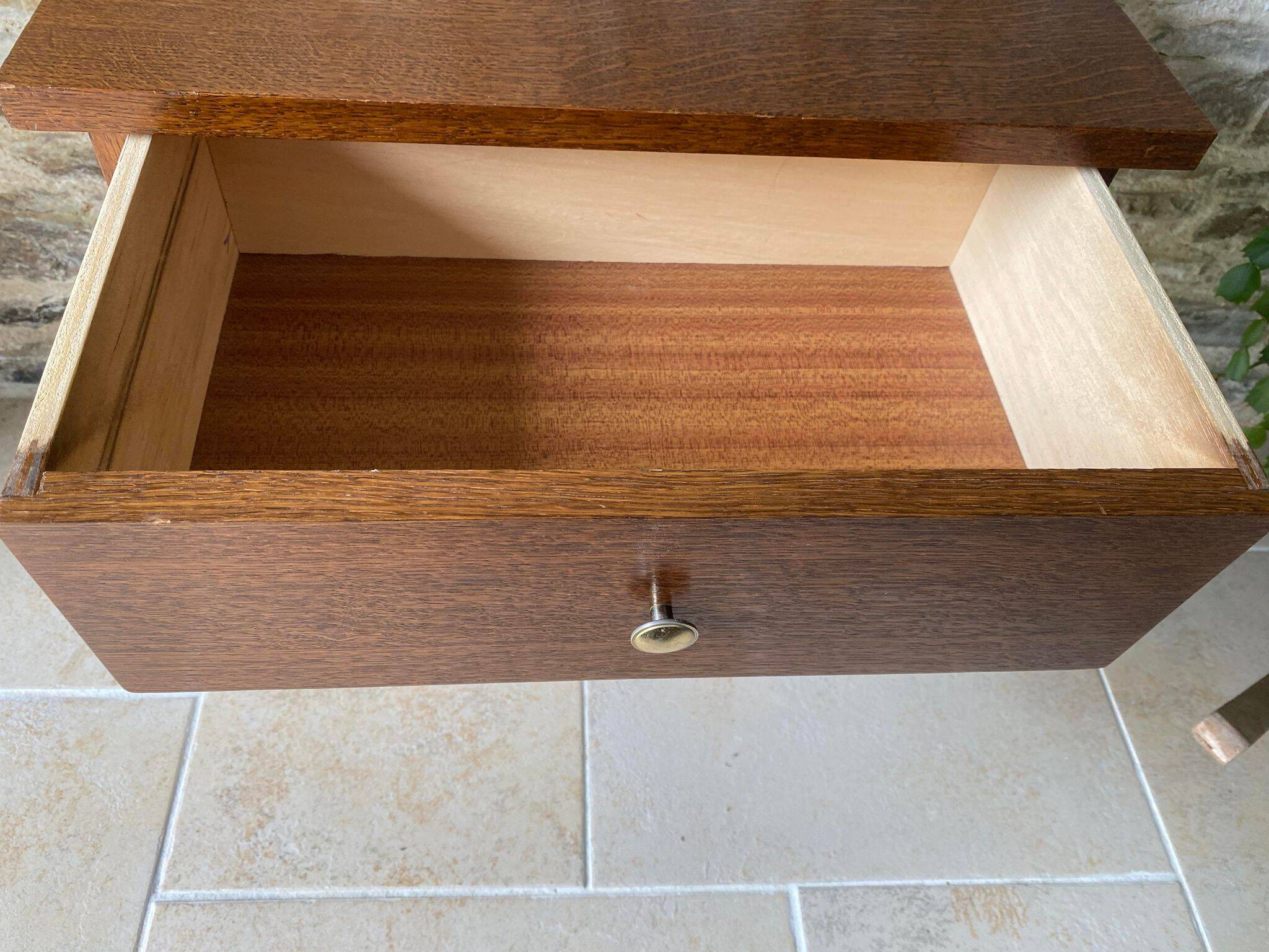60s bedside table varnished wood compass feet