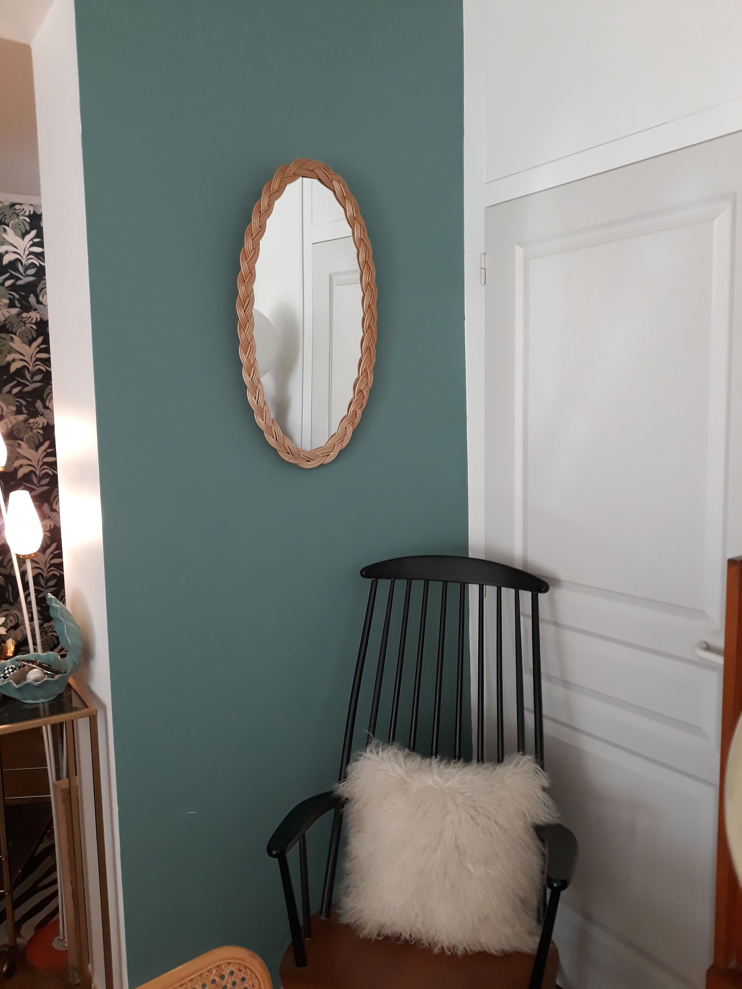 Large oval mirror vintage rattan 75x40cm