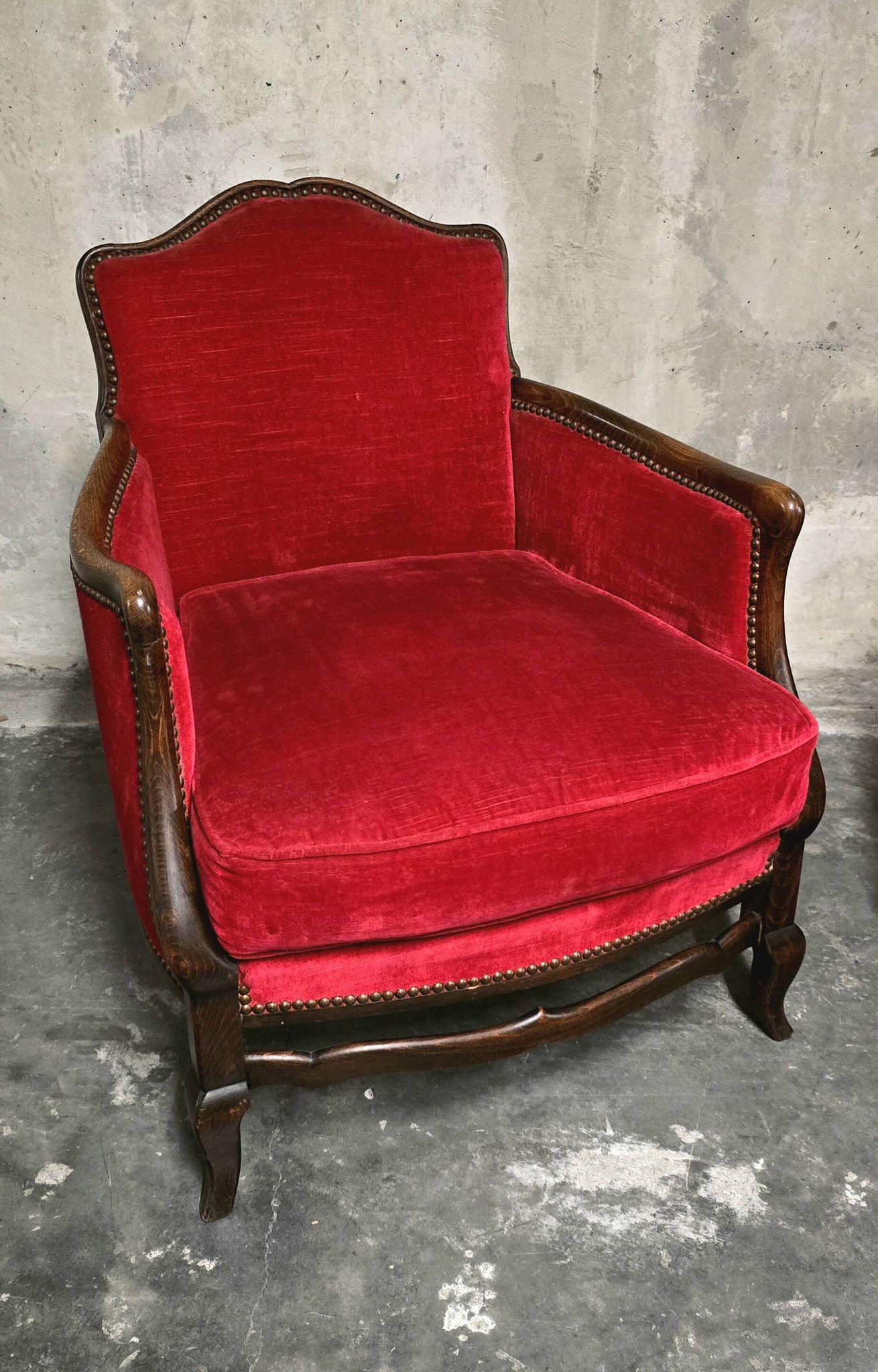 Pair of Louis XV style bergère armchairs in red velvet