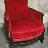 Pair of Louis XV style bergère armchairs in red velvet.