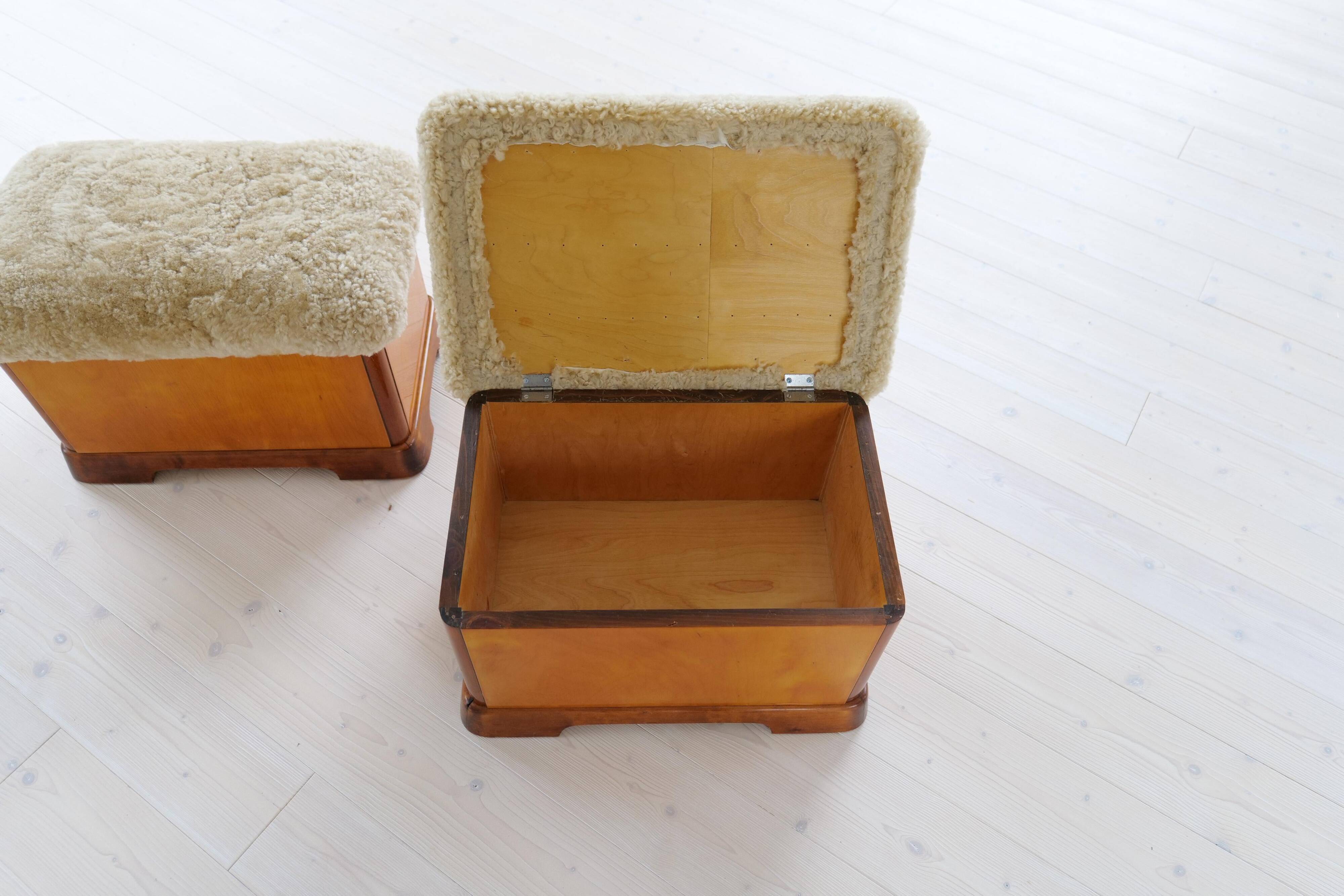 Swedish Art Deco Stools in Lacquered Birch with Sheepskin Seat, 1940s
