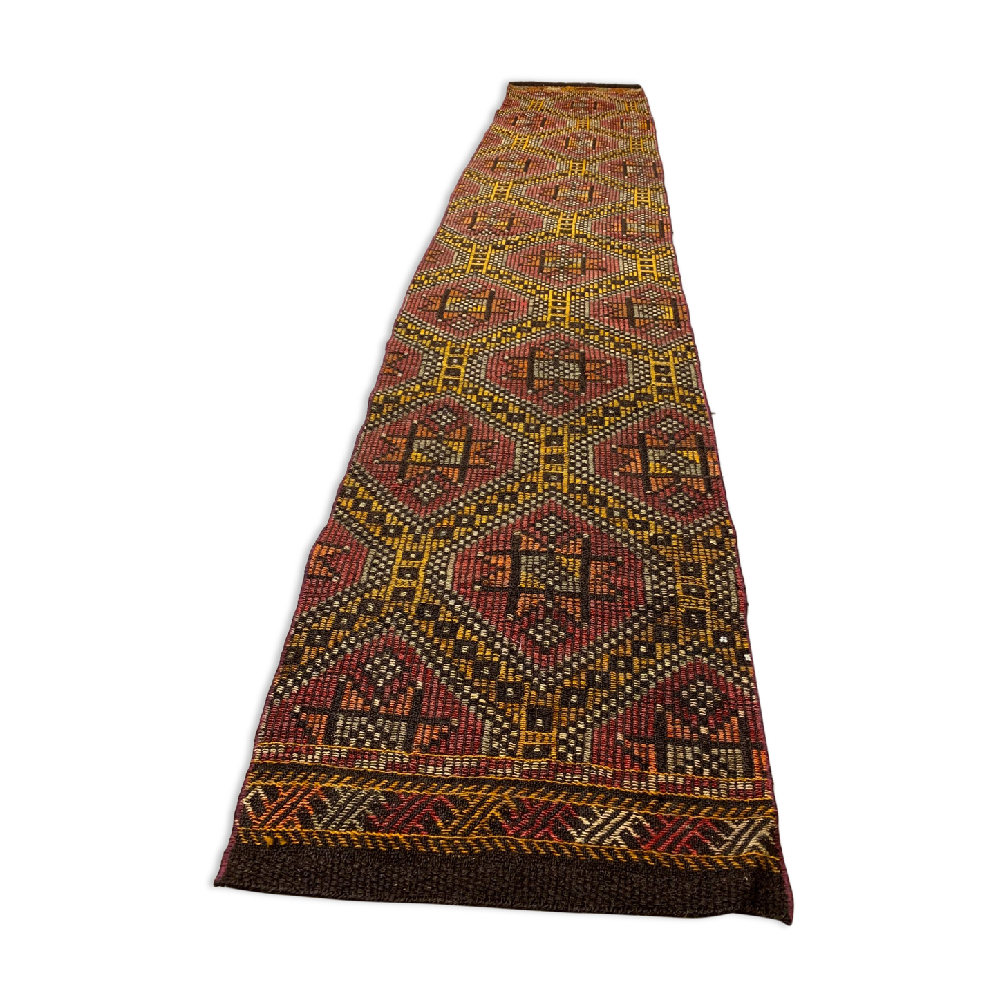 Old Turkish narrow Kilim Runner 314x64 cm, shabby chic, vintage kelim Red Black