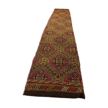 Old Turkish narrow Kilim Runner 314x64 cm, shabby chic, vintage kelim Red Black