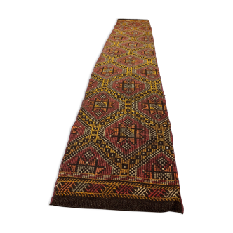 Old Turkish narrow Kilim Runner 314x64 cm, shabby chic, vintage kelim Red Black