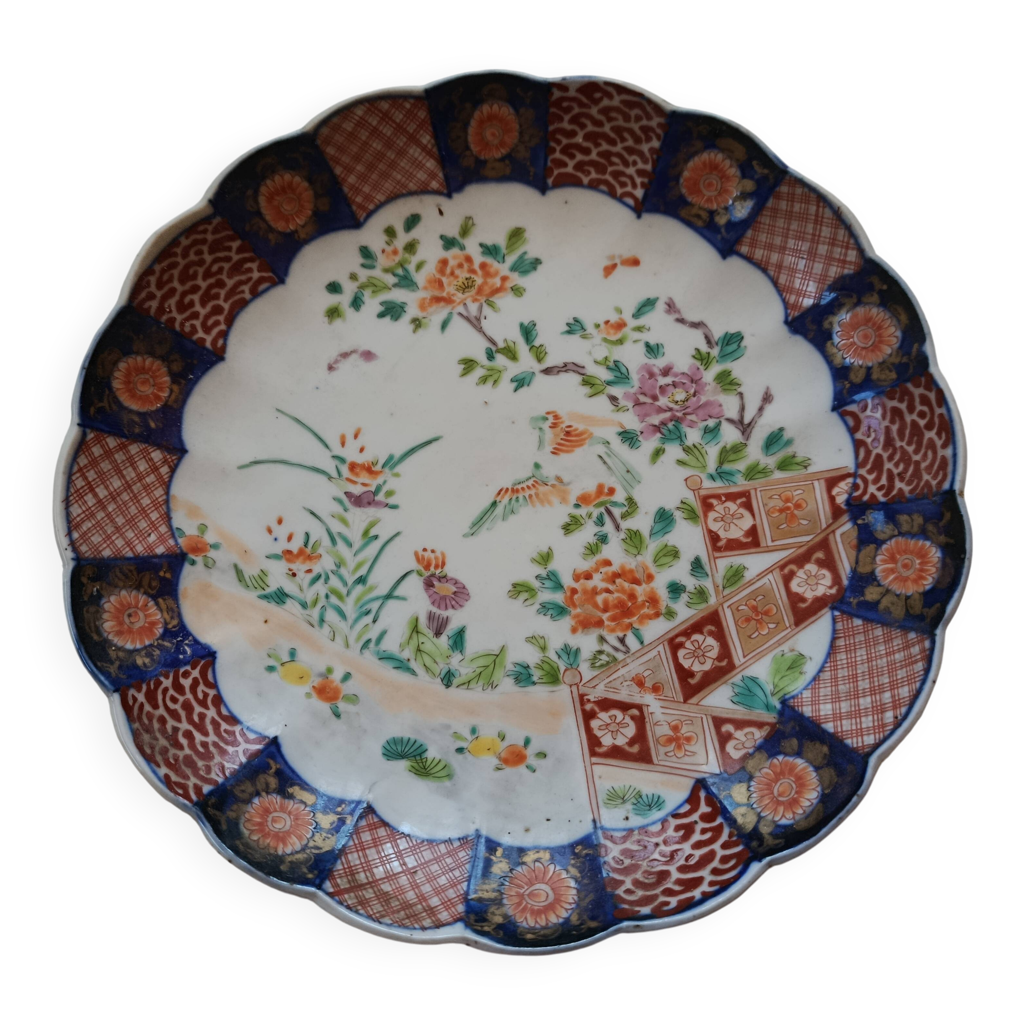 Scalloped plate, IMARI porcelain, JAPAN, 19th / 20th century, bird and flower motifs
