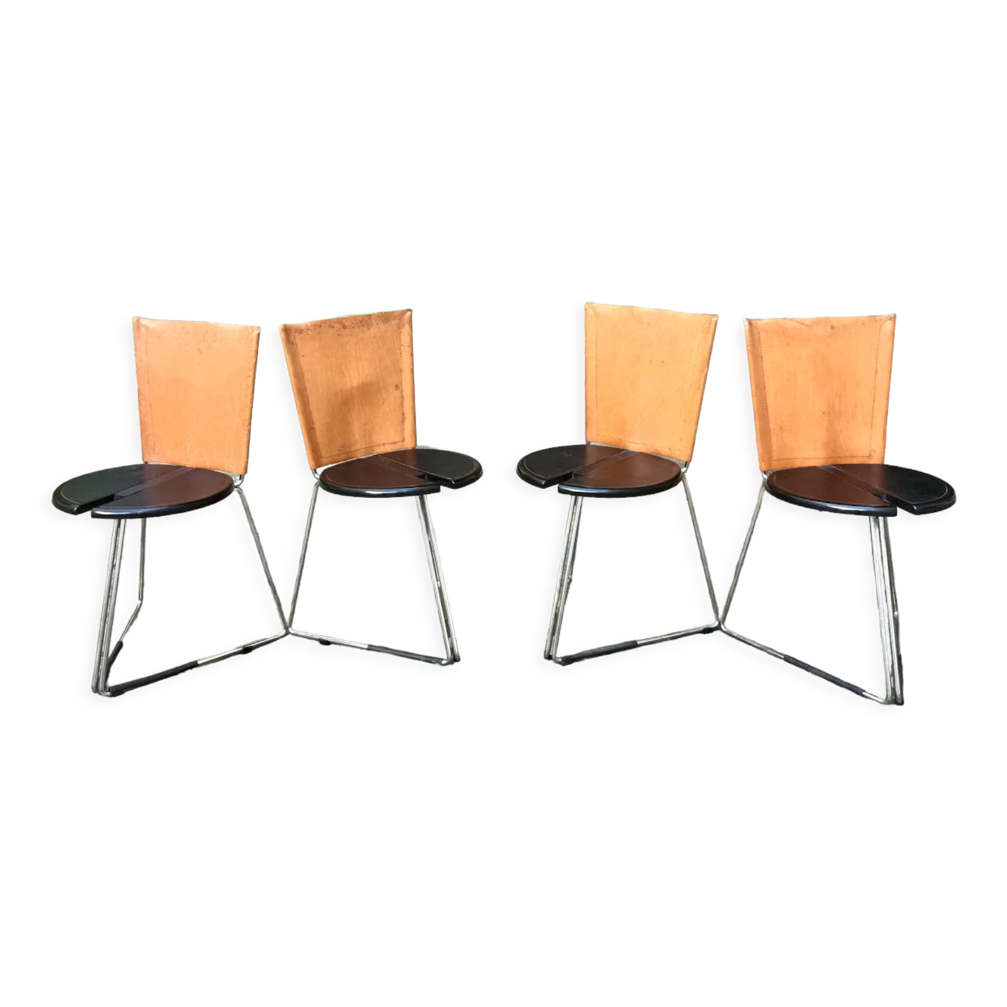4 stackable and foldable leather chairs, Gaspare Cairoli, Edition Seccose 1980