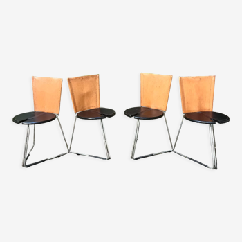 4 stackable and foldable leather chairs, Gaspare Cairoli, Edition Seccose 1980