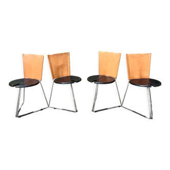 4 stackable and foldable leather chairs, Gaspare Cairoli, Edition Seccose 1980