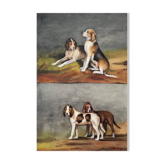 Pendant Tableaux aquarelle XIX° Chiens anglo-artésiens et récri signé H. de L.C.