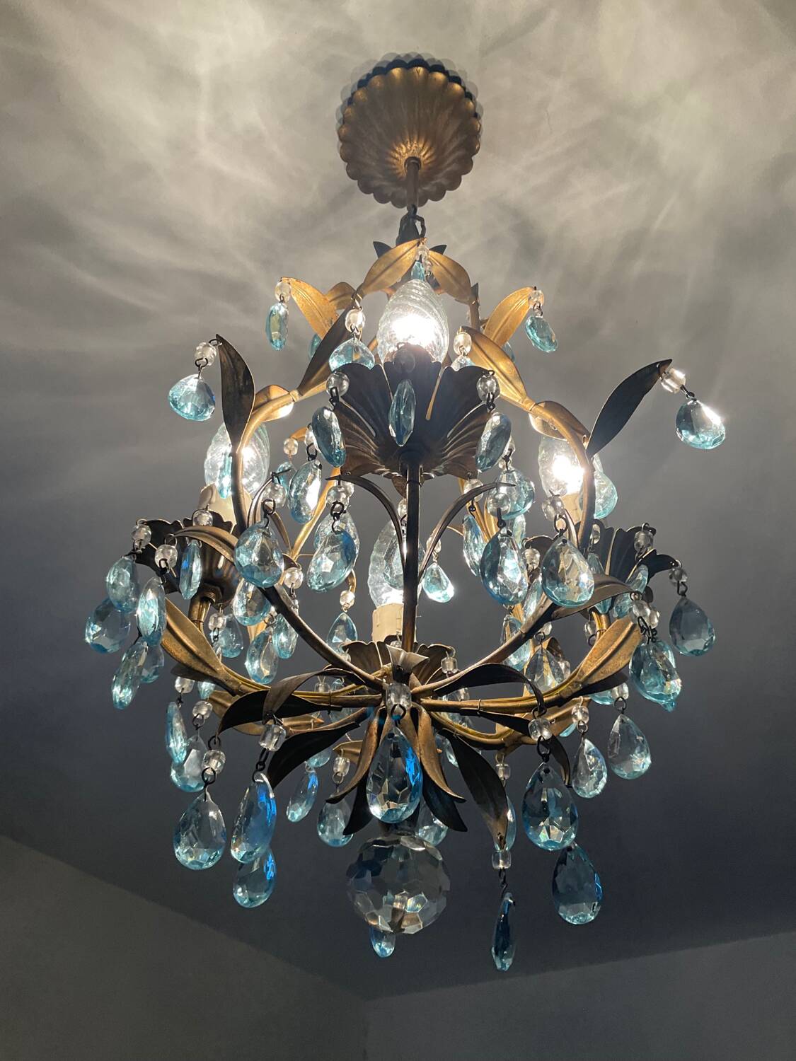 Antique Italian chandelier with cage and blue tassels