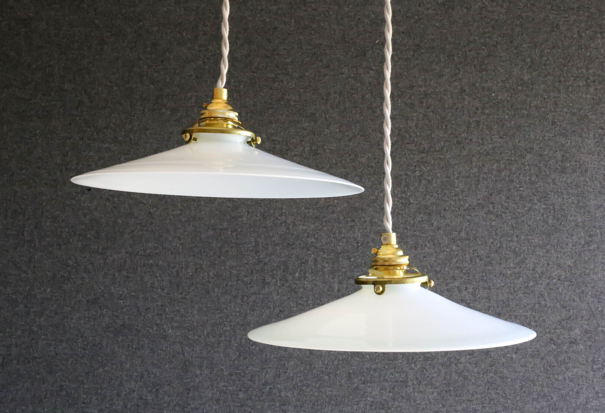 2 French suspensions in smooth white opalines with new cables and sockets