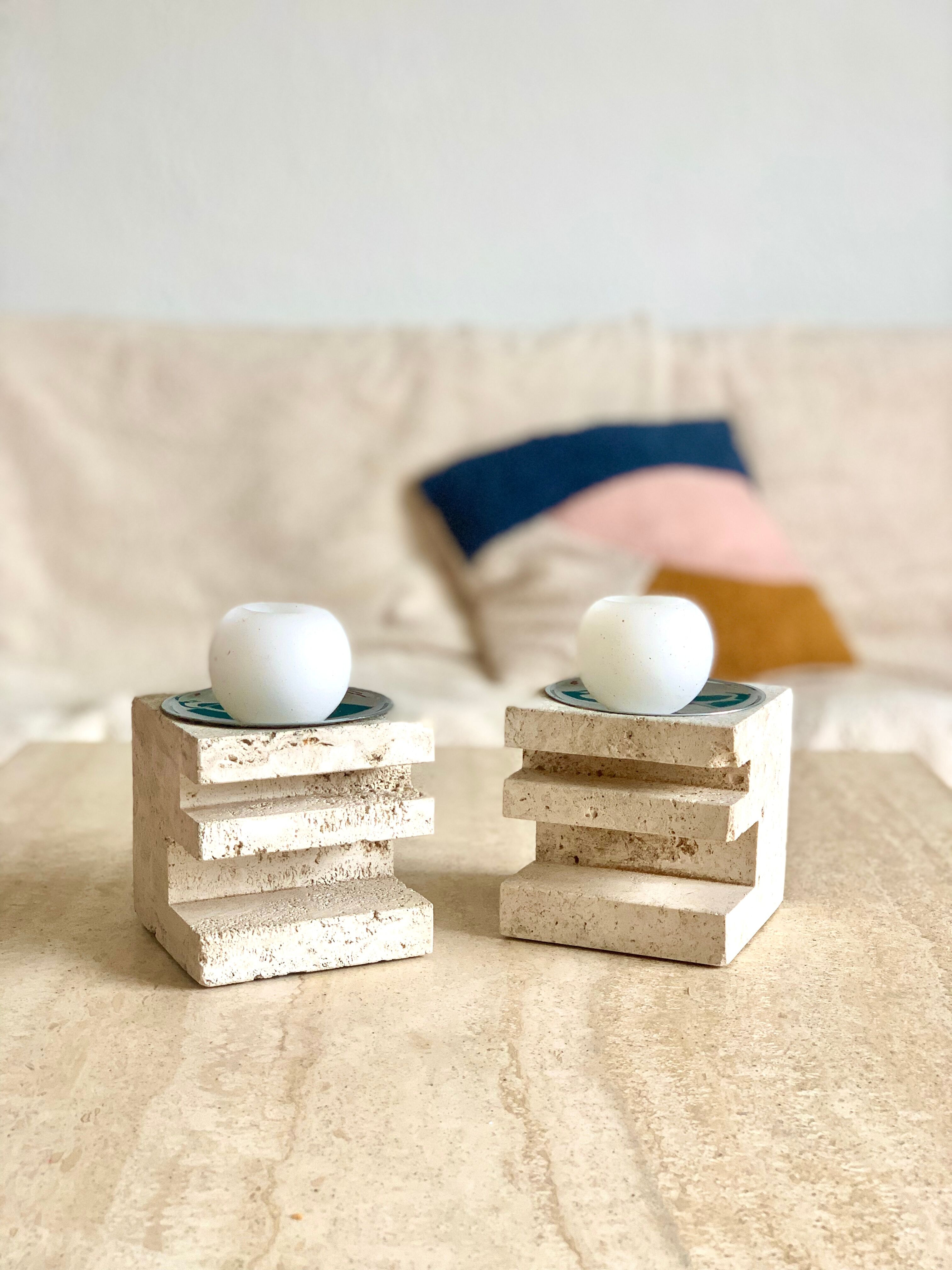 Pair of travertine candlesticks by Fratelli Mannelli, 1970