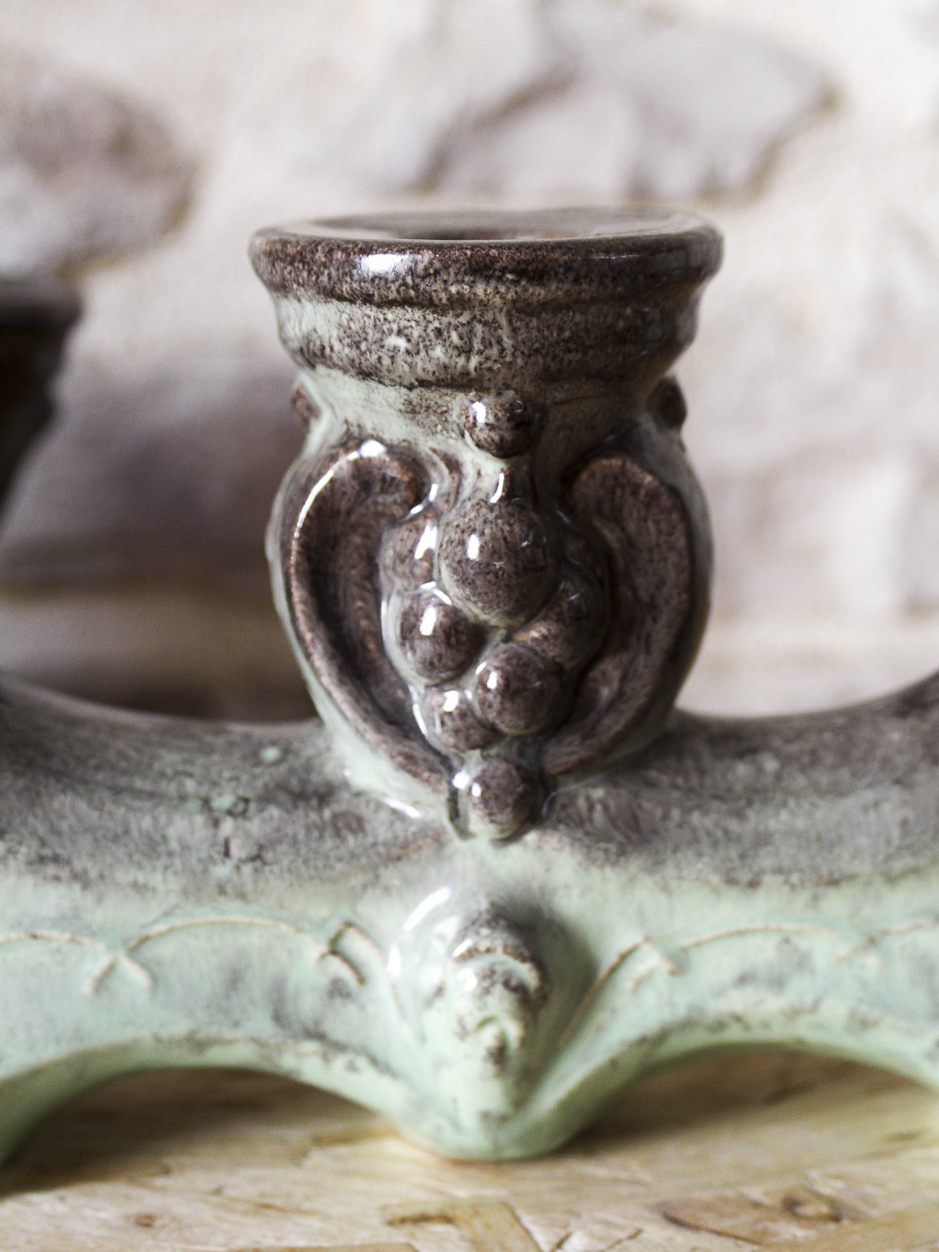 Pair of candlesticks 3 arms in glazed ceramic