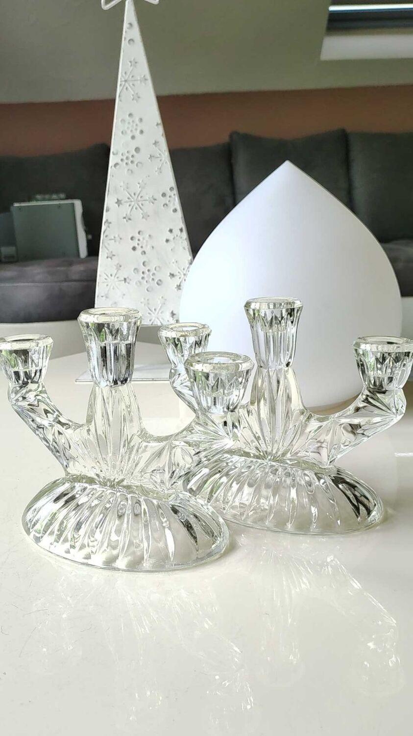 Pair of 3-spoke candlesticks, in art glass. Oberglas Austria. 50s