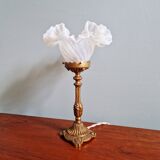 Table lamp in gilded bronze with opalescent glass shade, early 20th century.