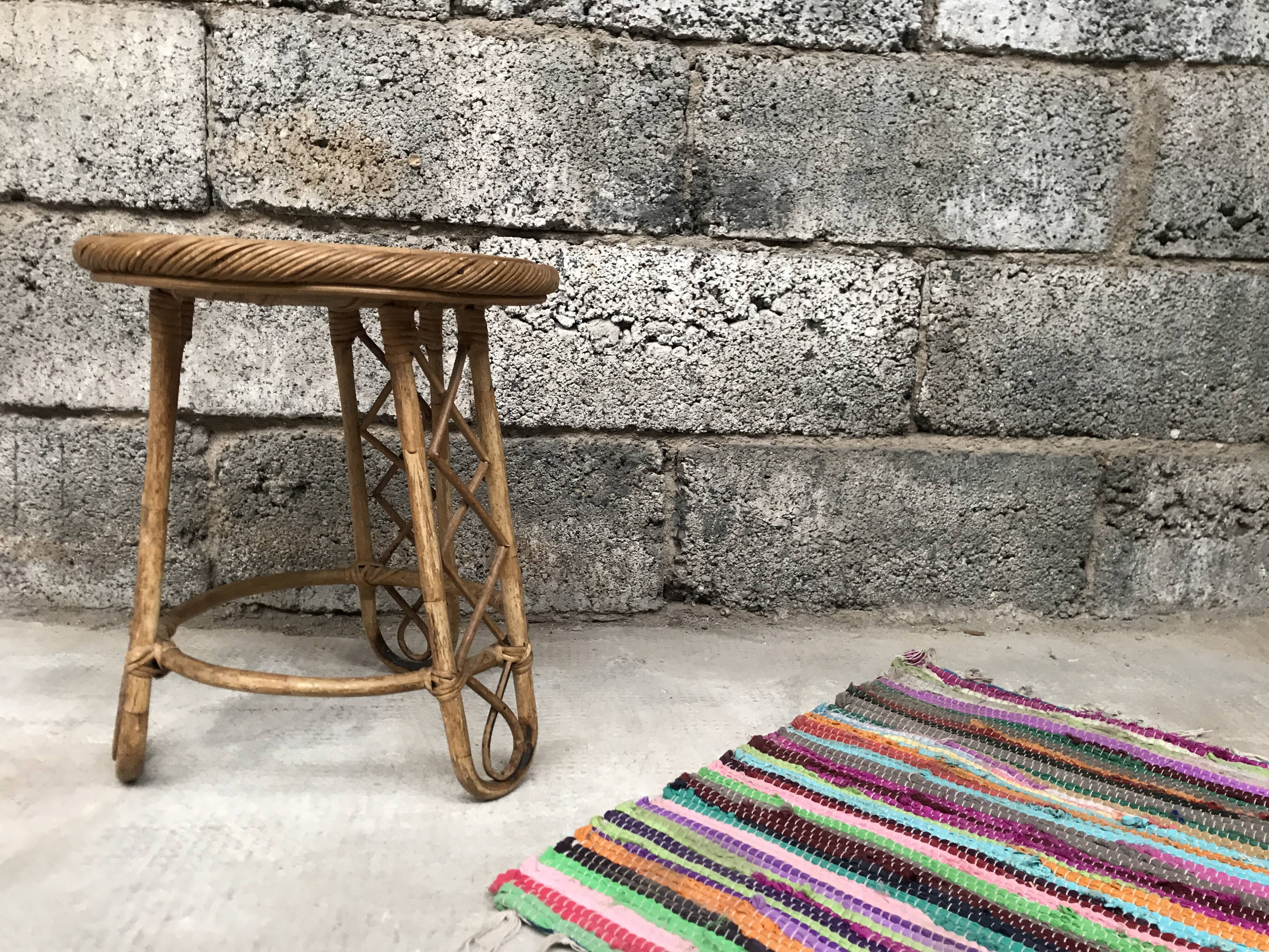 Bamboo stool 50s Decoration natural wood rattan wicker Vintage Plant Door