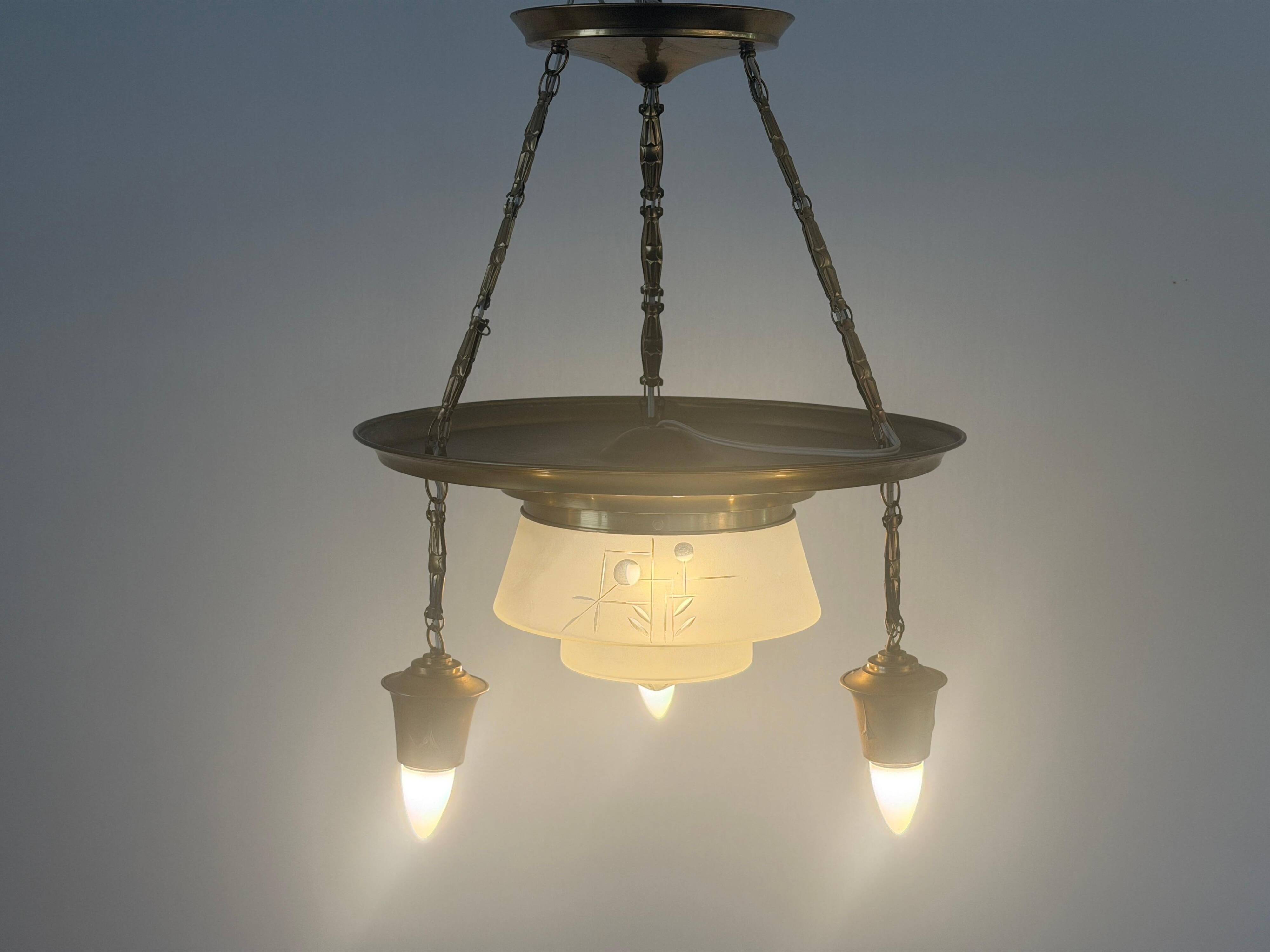 Art Deco ceiling light in copper and glass, 1940s, Germany