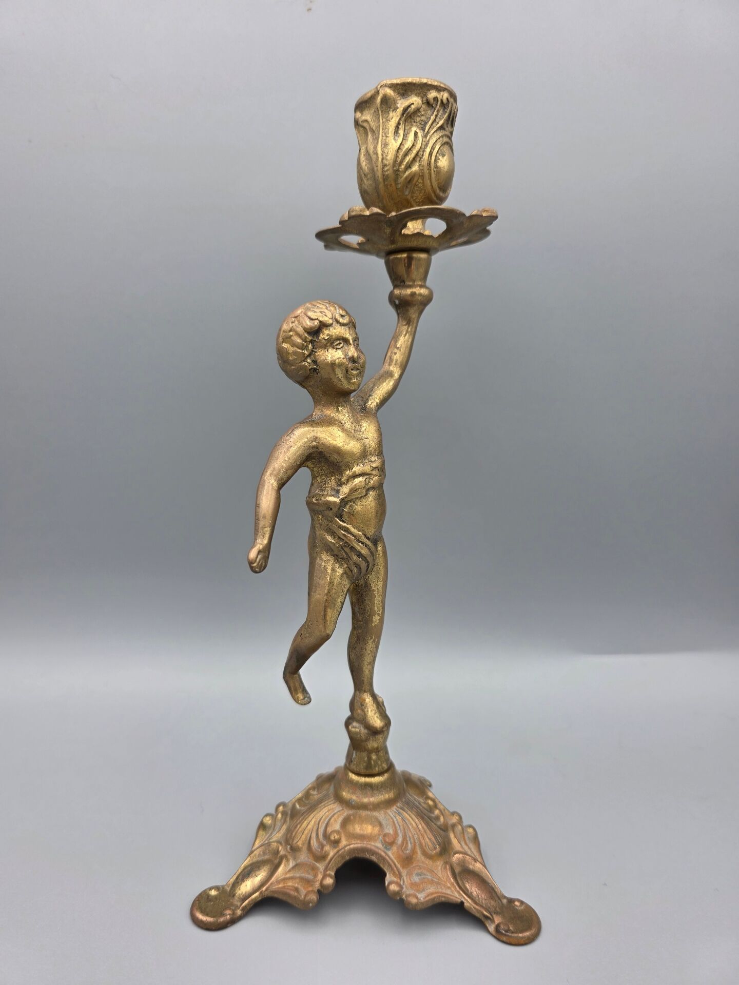 Antique gilded candlestick with cherub, French Rococo style, Belle Époque