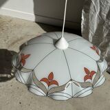 Small vintage chandelier in white and orange glass, geometric patterns D:43