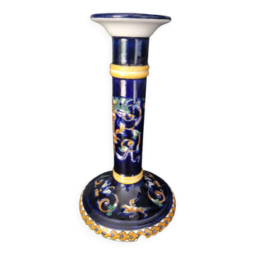 Bougeoir ancien Faïence de Gien - Décor Renaissance Fond Bleu - Peint