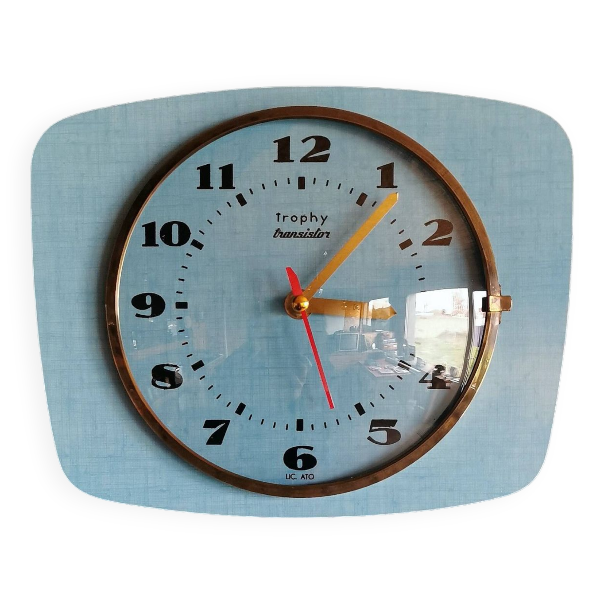 Vintage formica clock rectangular silent wall pendulum "Trophy blue"