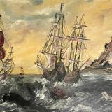 French oil painting on wood dutch 17th / early 18th century sailing ships in the sea storm