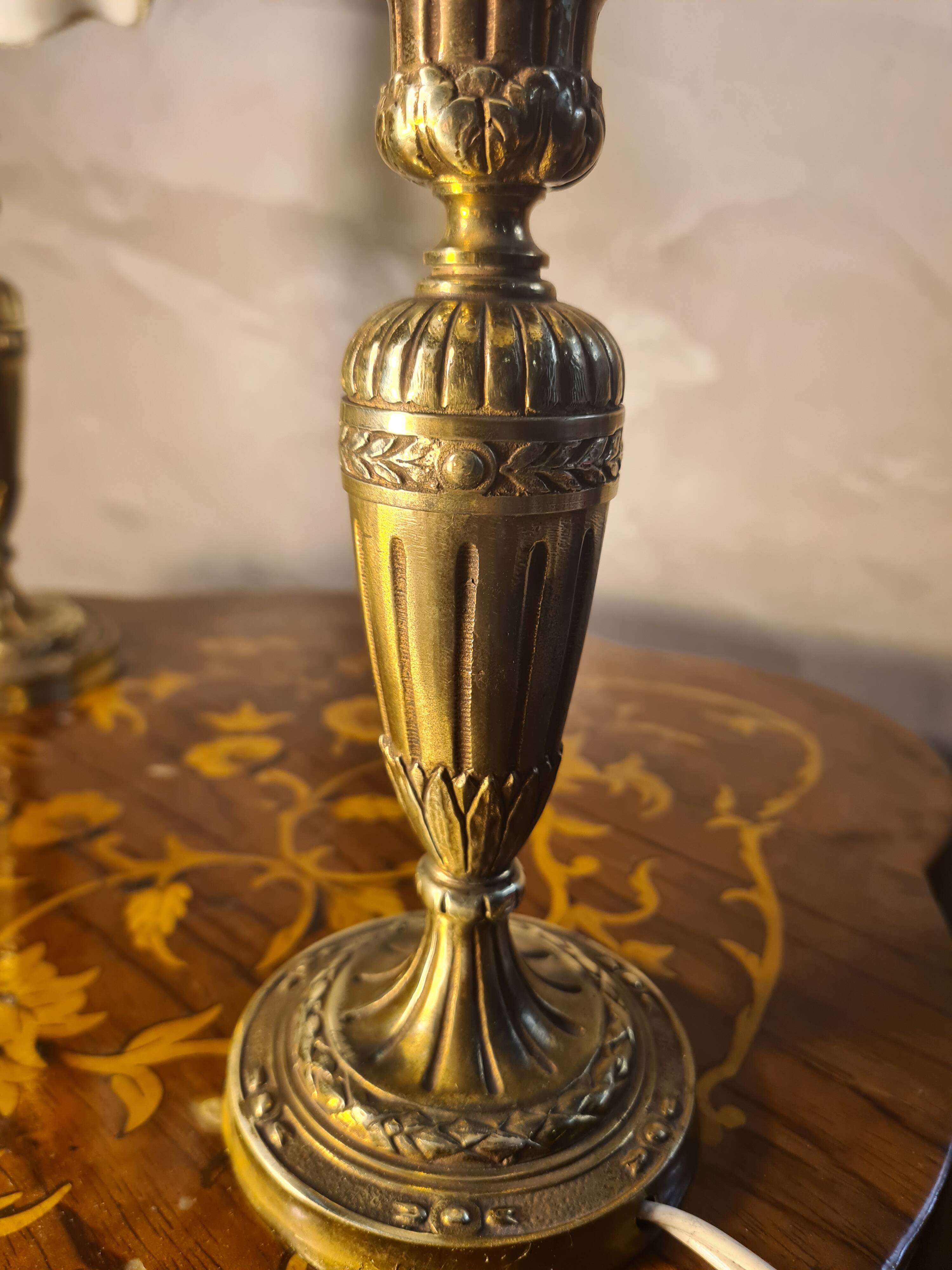 pair of Empire brass bedside lamps 34x14 electric working embroidered lampshade very beautiful