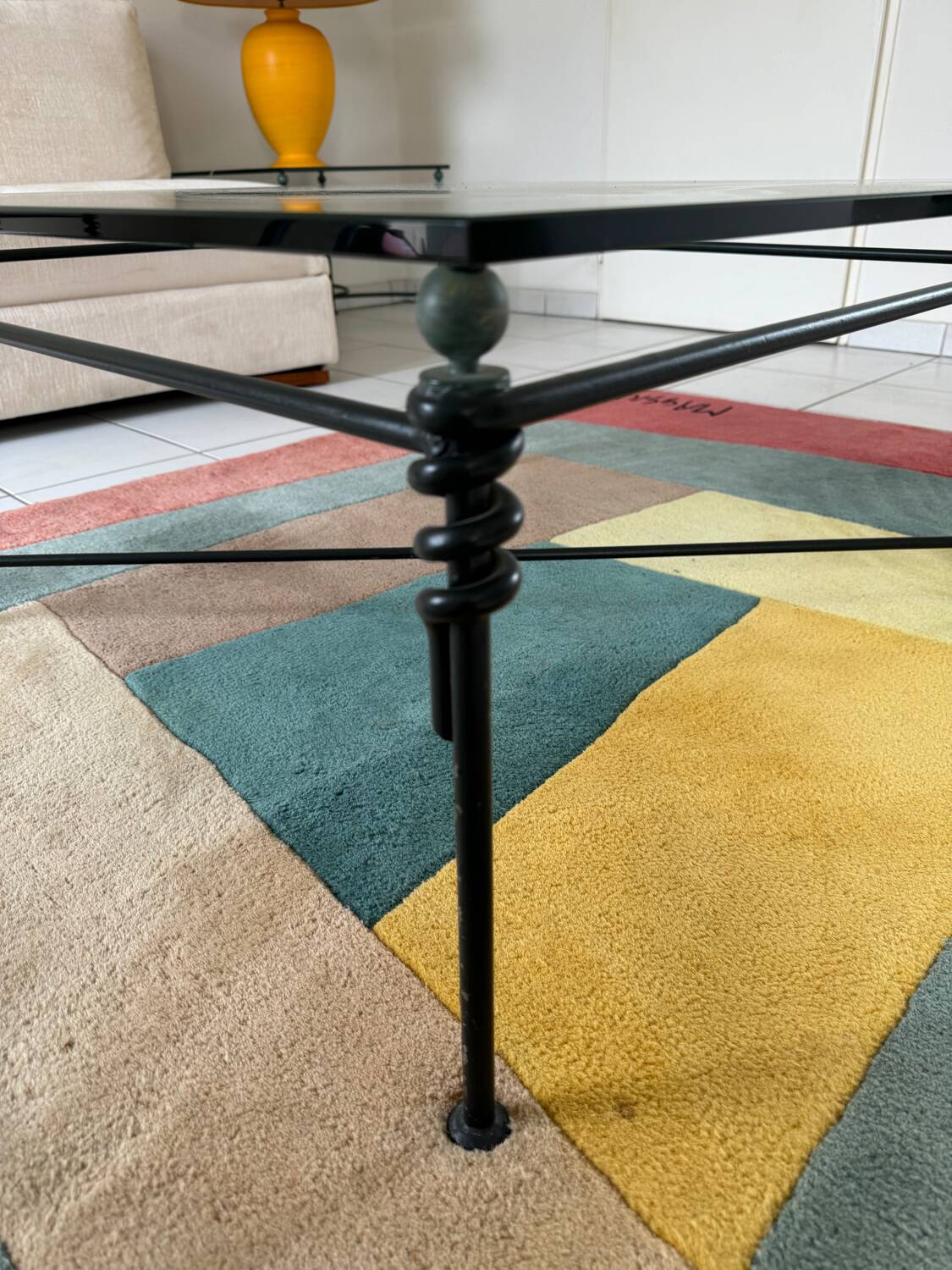 Large wrought iron and glass coffee table by Jacques Ducru