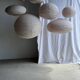 Small round pink rattan and natural linen Japanese-style pendant light D30