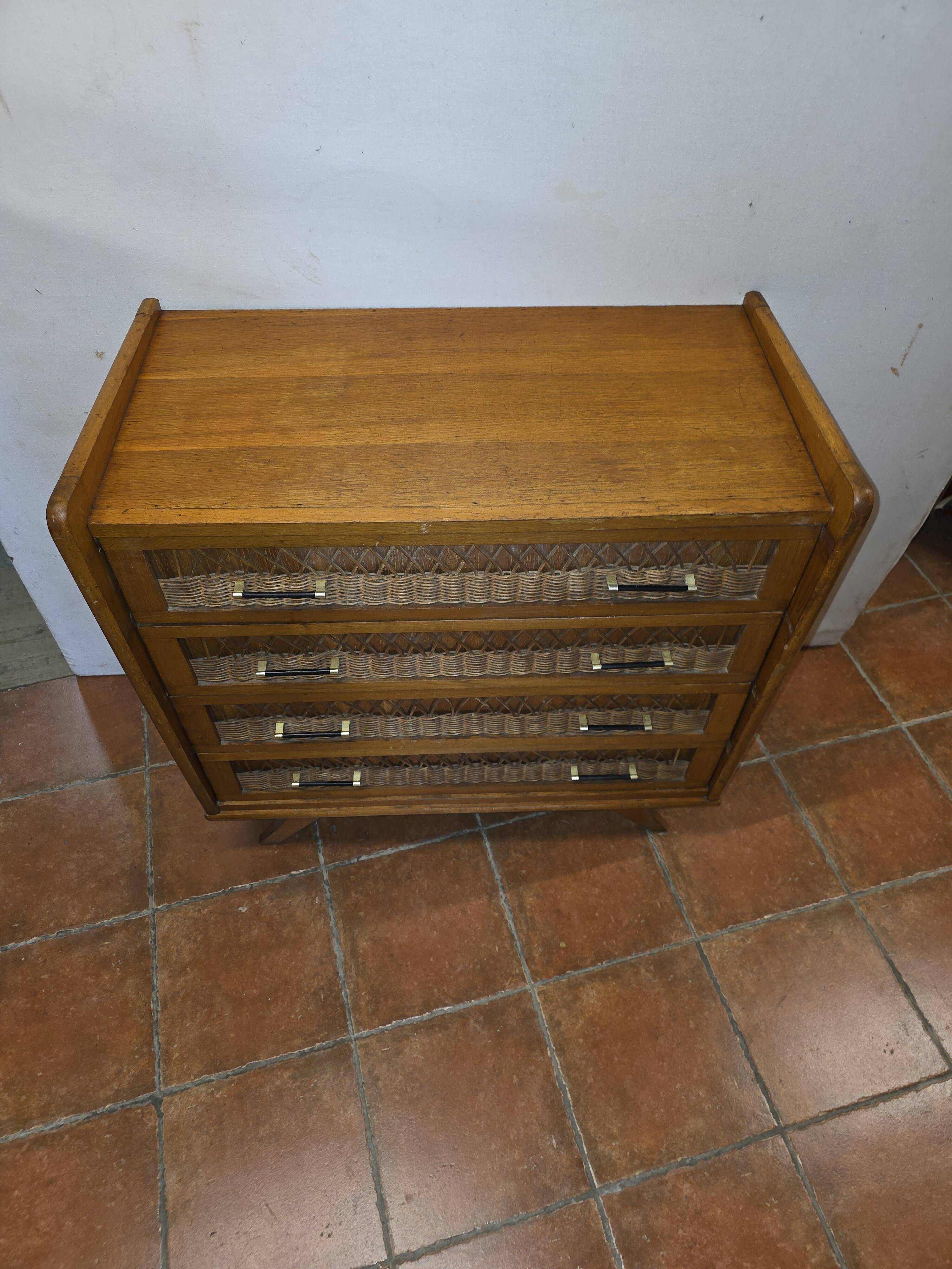 Commode vintage rotin et chêne des années 60