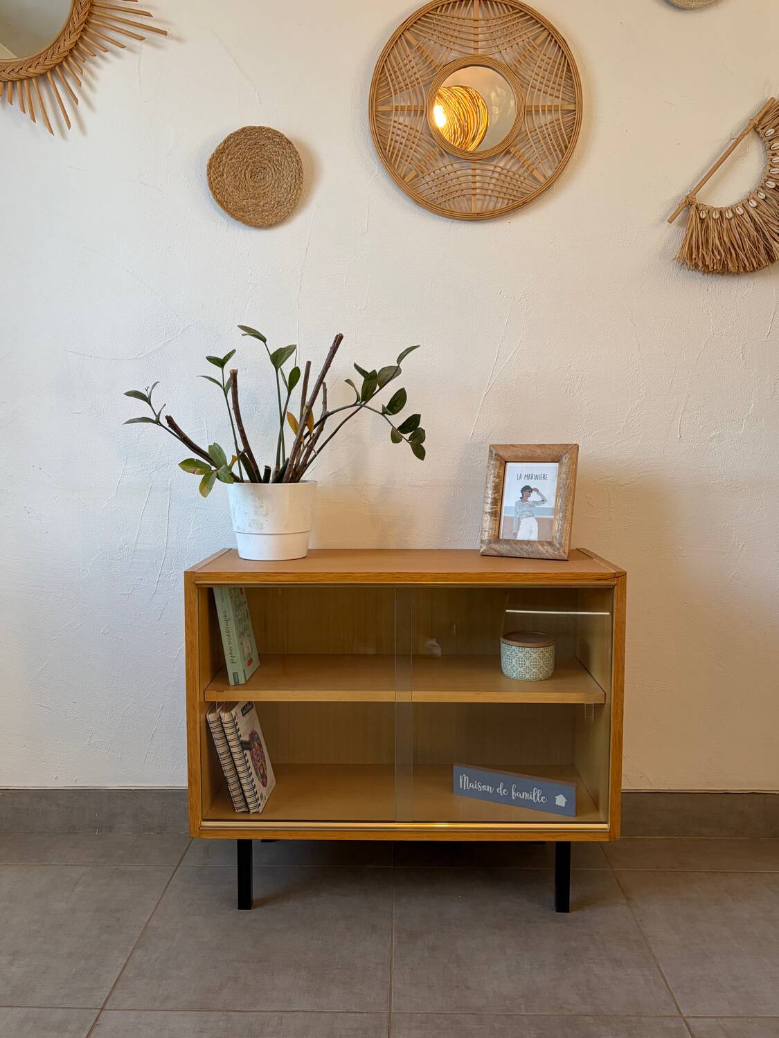 Vintage oak display cabinet from the 1960s.