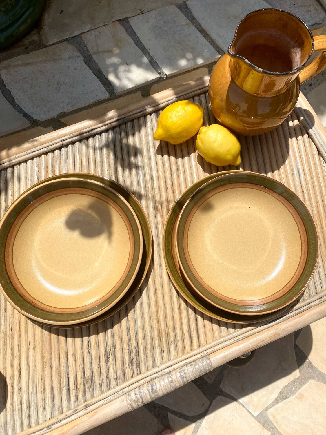 Pair of flat and deep plates in antique stoneware