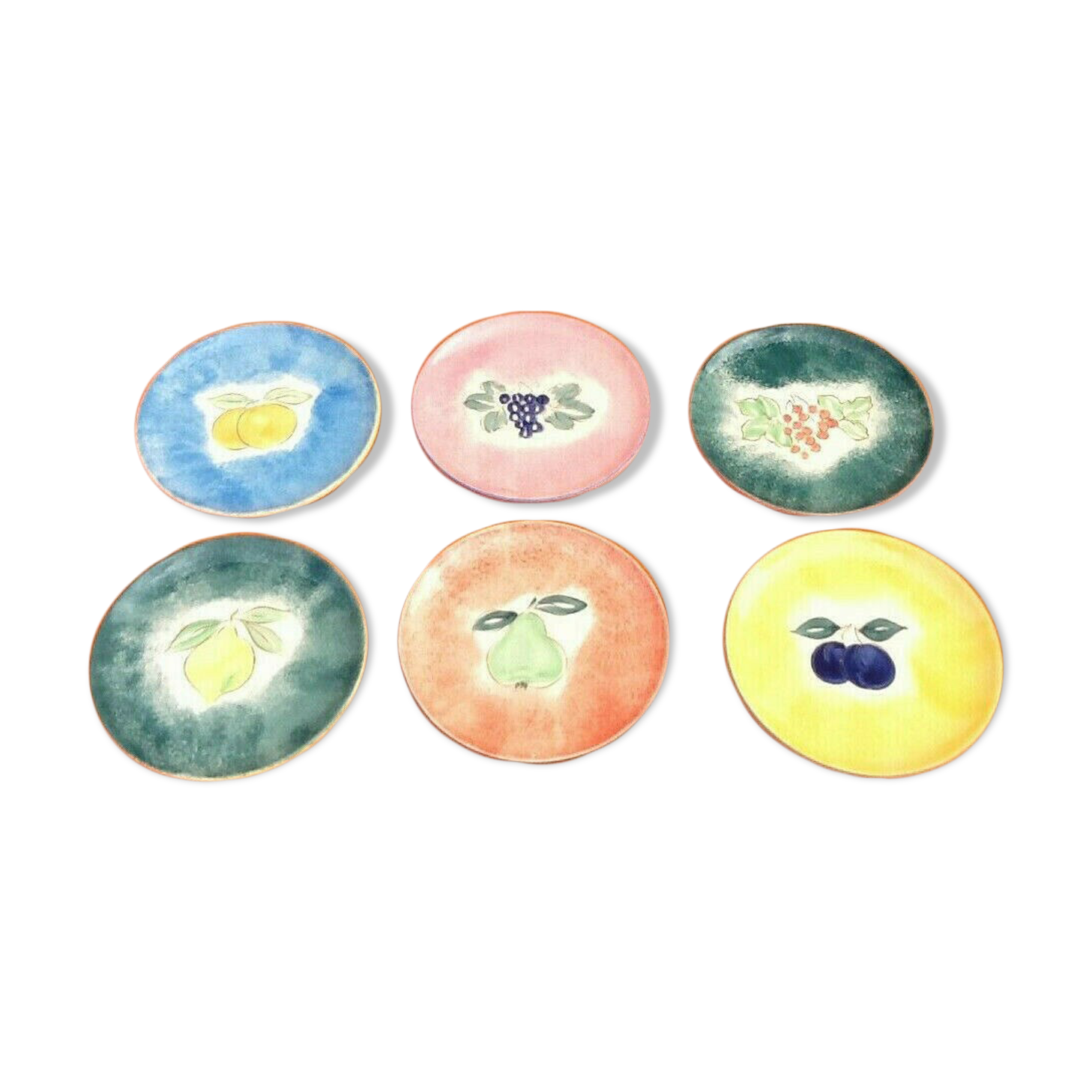 1970s Suite of 6 dessert plates Fruit decoration (lemon, grape, pear ...)