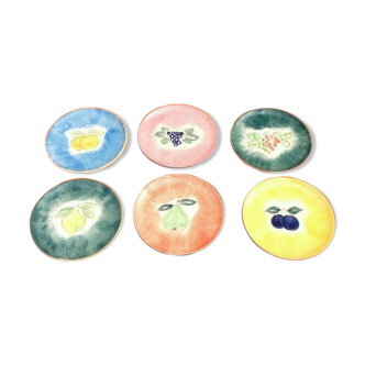 1970s Suite of 6 dessert plates Fruit decoration (lemon, grape, pear ...)