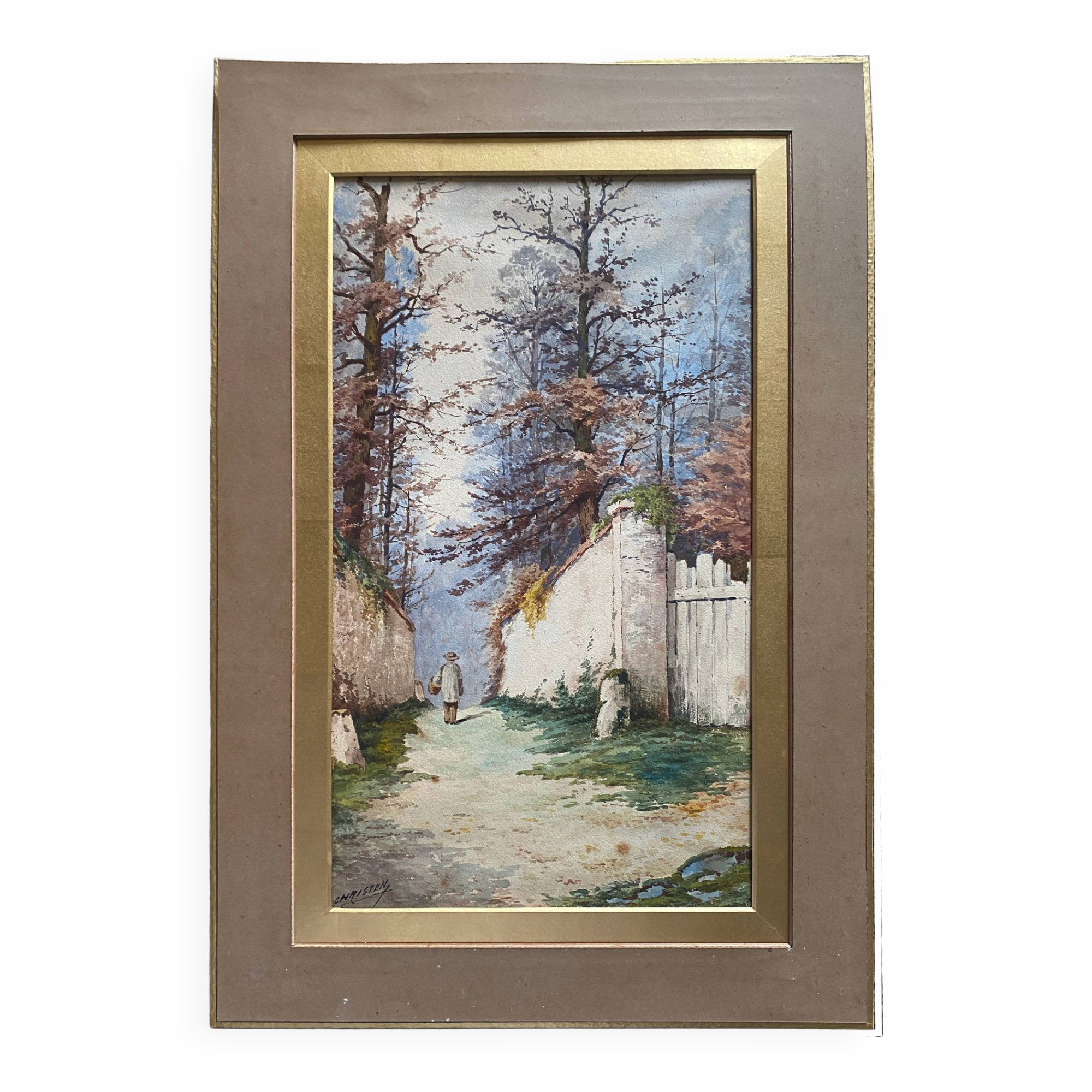 Large Watercolor Painting Signed Christen XIXth Animated Landscape Barbizon