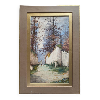 Tableau Grande Aquarelle signée Christen XIX° Paysage animé Barbizon