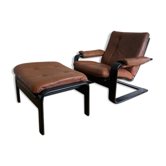 Fauteuil scandinave et son ottoman cuir 1960