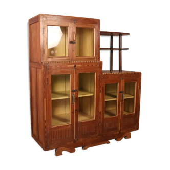 Antique Art Deco display case in Burmese teak with original yellow interior patina