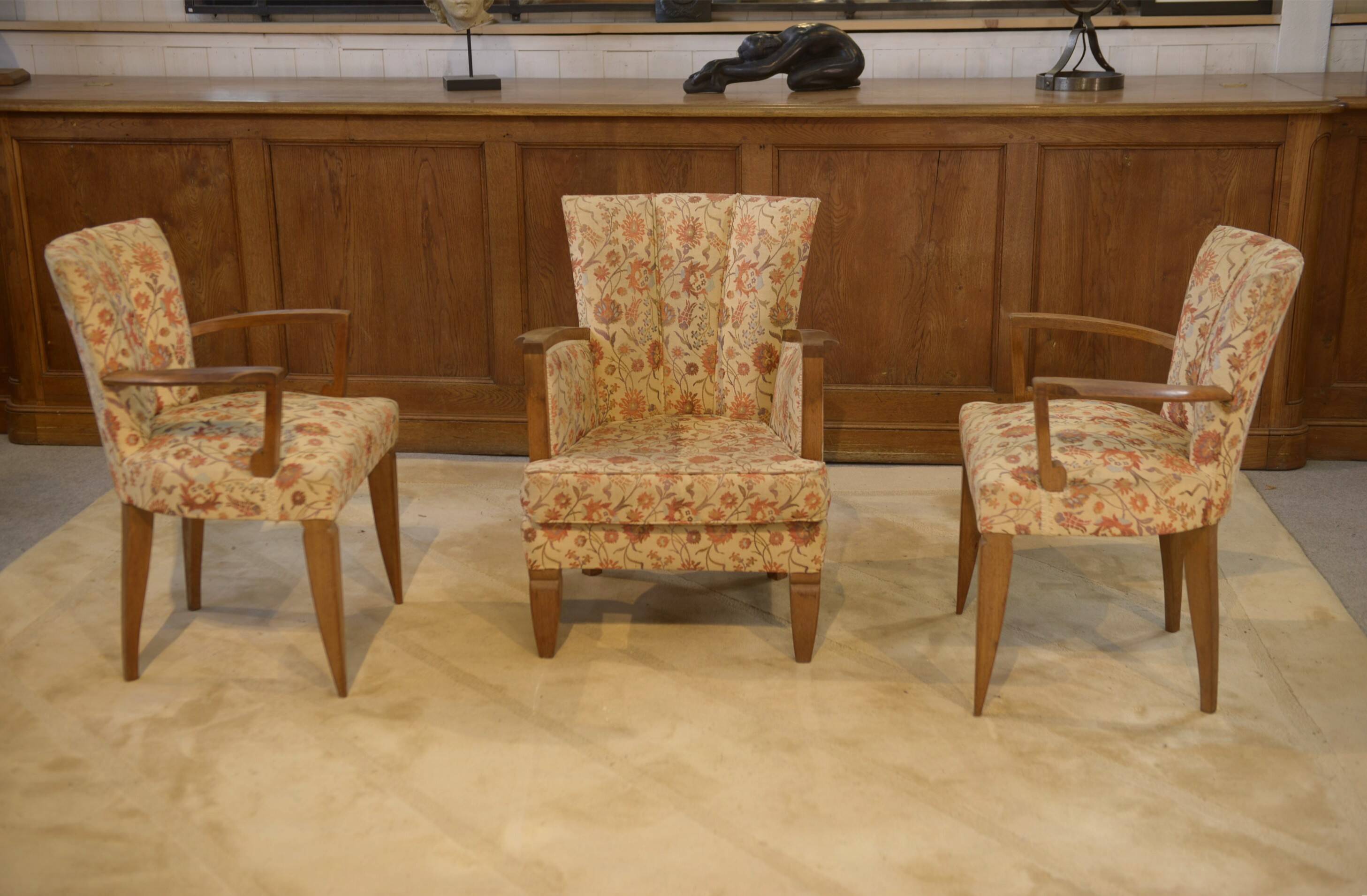Set of 2 Bridge armchairs and one armchair attributed to Jules Leleu from the 1930s.