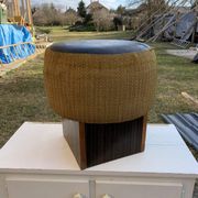 Black hexagonal pouf in fabric and faux leather, mid-century Hungarian ottoman from the 1950s.