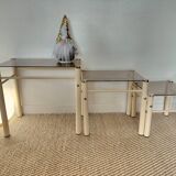 Vintage nesting tables Boutboul - cream metal and smoked glass - 70s design.
